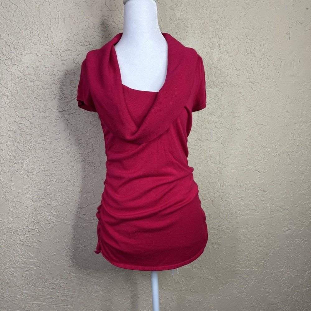 Express Magenta Pink Ruched Top Petite Small Short Sleeve Cowl Neck Barbiecore